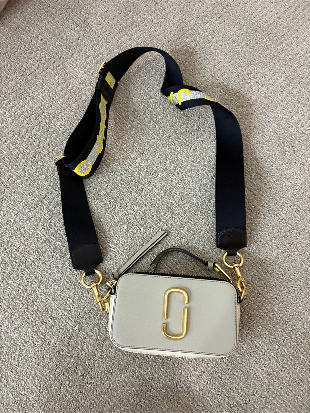 Marc Jacobs Cream Snapshot Camera Bag with Black Strap and Yellow Accents